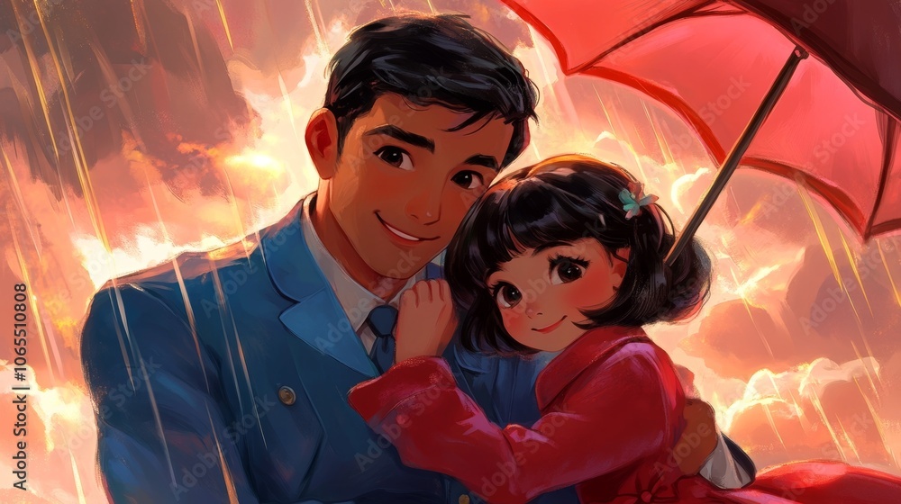 Couple under umbrella in rain, colorful backdrop Couple under umbrella in rain, colorful backdrop