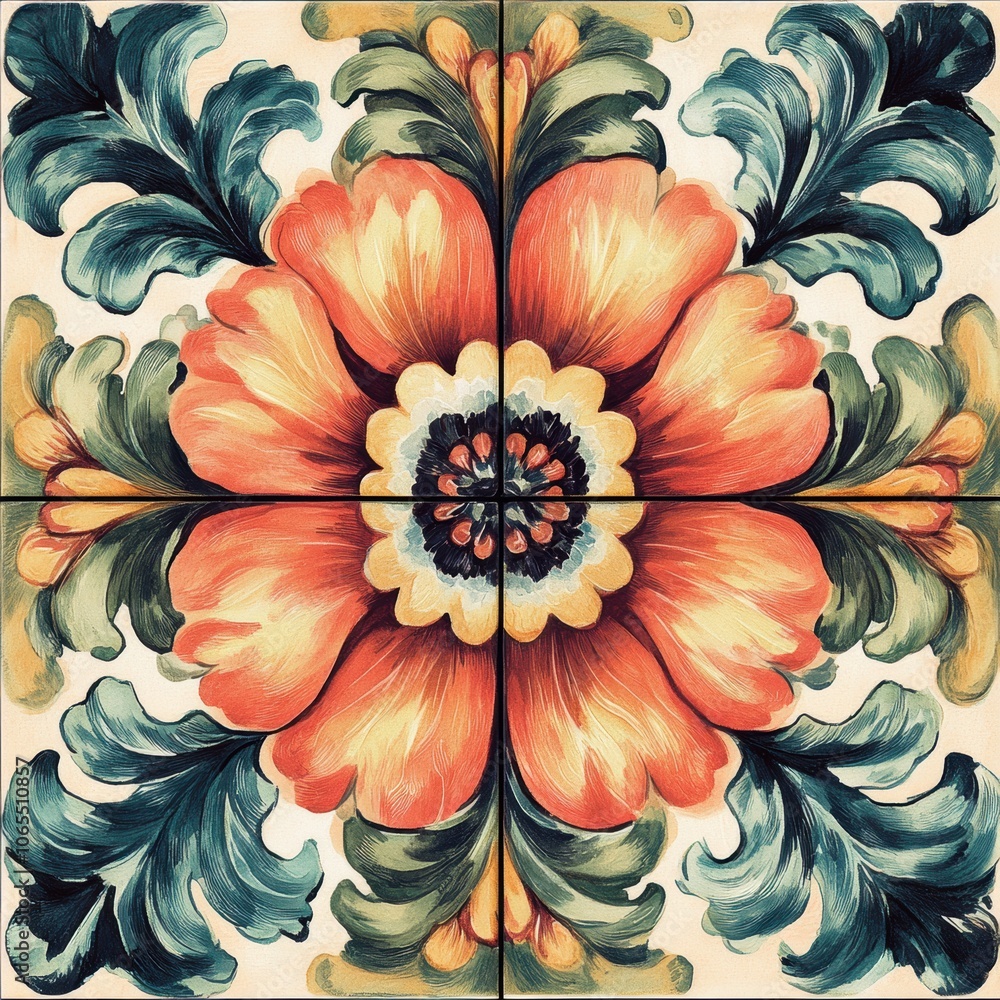 Tiles with bold floral designs in a symmetrical layout, sharp details and vibrant colors