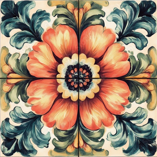 Obraz na płótnie Tiles with bold floral designs in a symmetrical layout, sharp details and vibrant colors w salonie