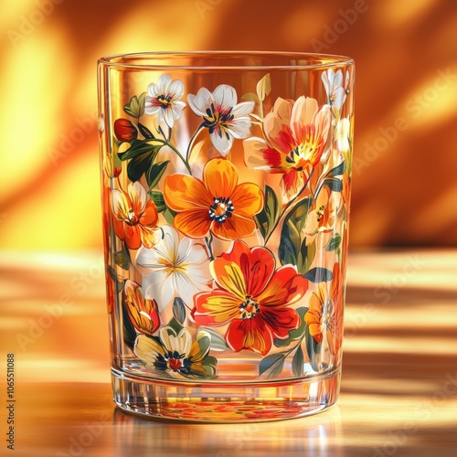 Transparent drinking glass adorned with bright floral motifs, showcasing dimensional layering
