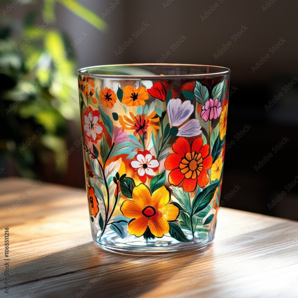 Transparent drinking glass adorned with bright floral motifs, showcasing dimensional layering