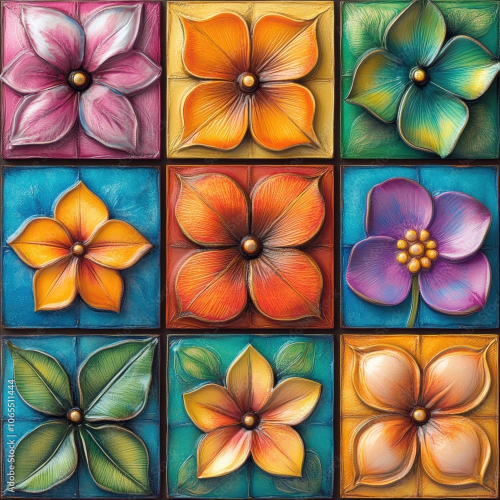 Vibrant flower designs on tiles with shadowed edges for depth, each tile in high resolution with
