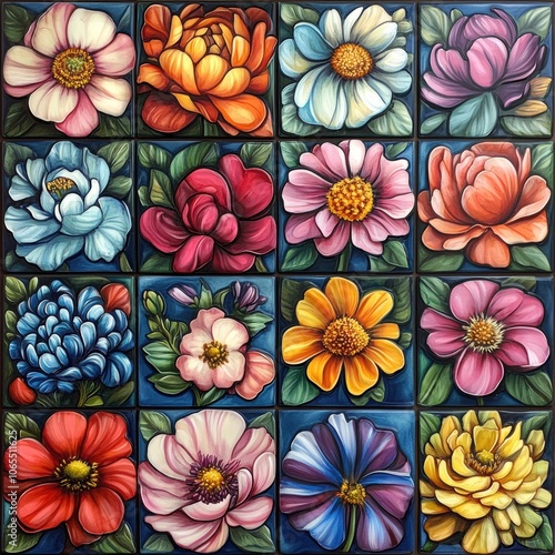 Vibrant flower designs on tiles with shadowed edges for depth, each tile in high resolution with
