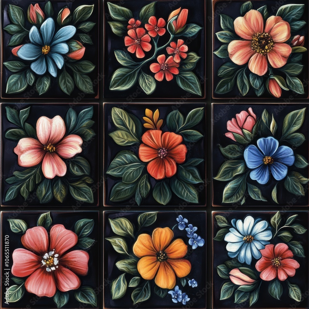 Vibrant flower designs on tiles with shadowed edges for depth, each tile in high resolution with