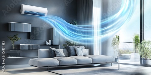  Innovative air conditioning system visualized with cool air flow in a modern living room