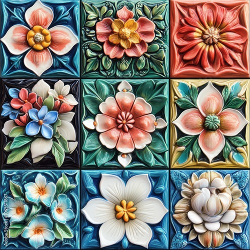 Vividly colored floral tiles laid symmetrically, each tile with detailed patterns and realistic