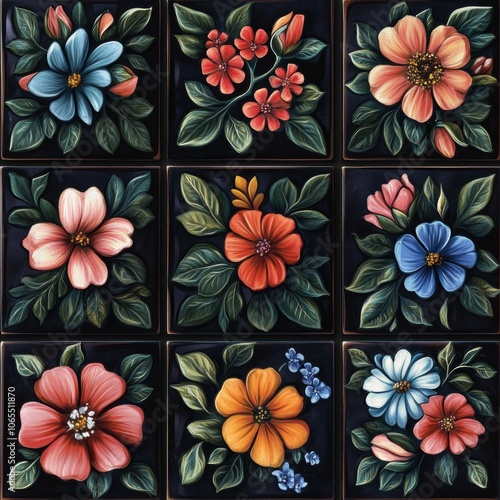 Obraz na płótnie Vibrant flower designs on tiles with shadowed edges for depth, each tile in high resolution with w salonie
