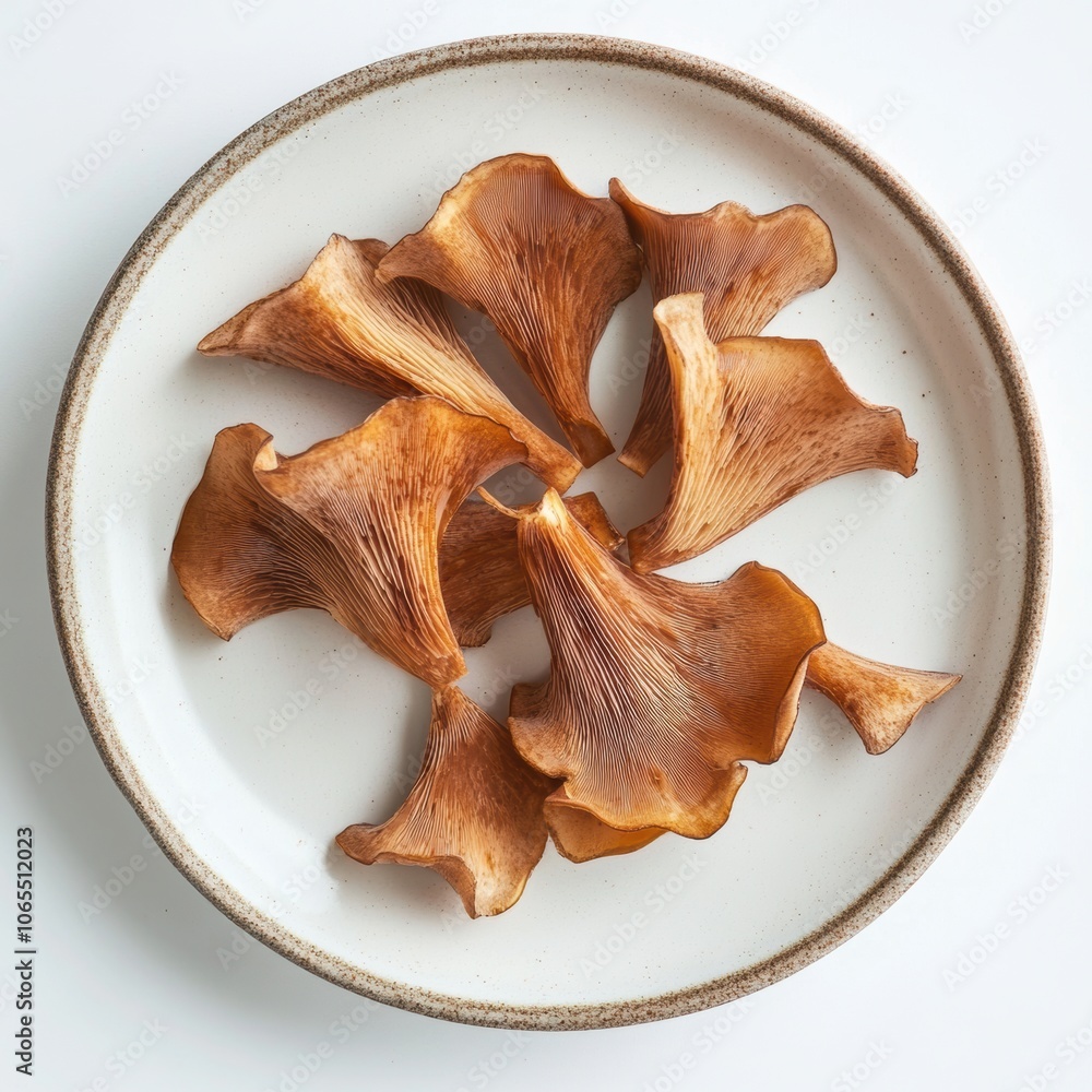 Wood ear mushrooms elegantly laid out on a white plate, with a focus on their intricate shapes
