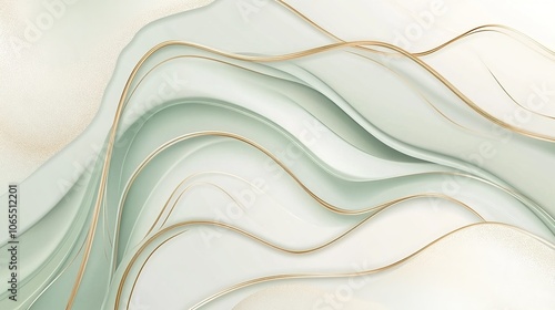 Abstract fluid waveforms in soft green and beige tones with gentle, flowing lines and gradient transitions creating a serene, organic aesthetic photo