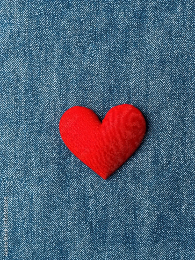 Fototapeta premium Red Heart on Denim Background for Love Theme