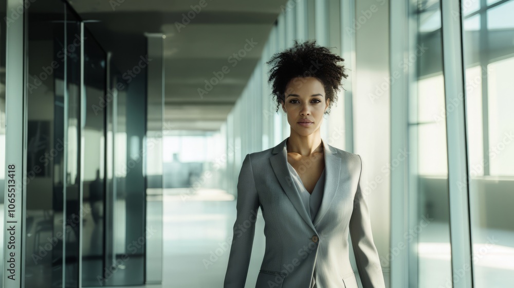 Woman wearing a gray suit and white shirt walks through a glass hallway Woman wearing a gray suit and white shirt walks through a glass hallway