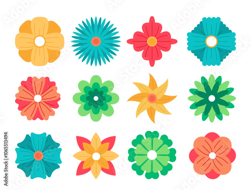 Set of flowers. Top view at buds of bloom and blossoming plants. Spring and summer season. Gardening and botany, horticulture. Flat vector collection