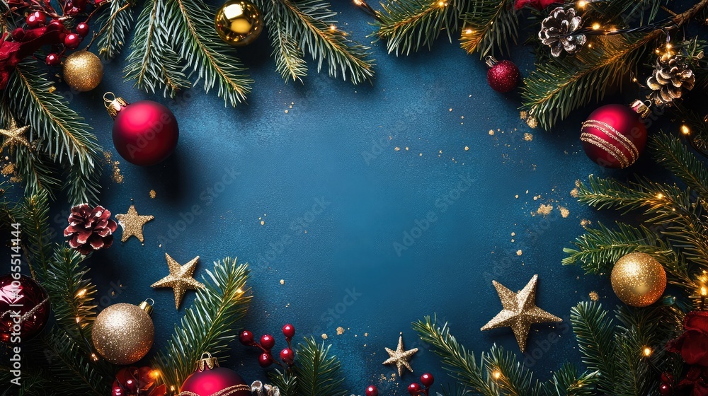 Festive Christmas border with evergreen branches, red and gold ornaments, and glittering stars on a dark blue background. Festive Christmas border with evergreen branches, red and gold ornaments, and glittering stars on a dark blue background.