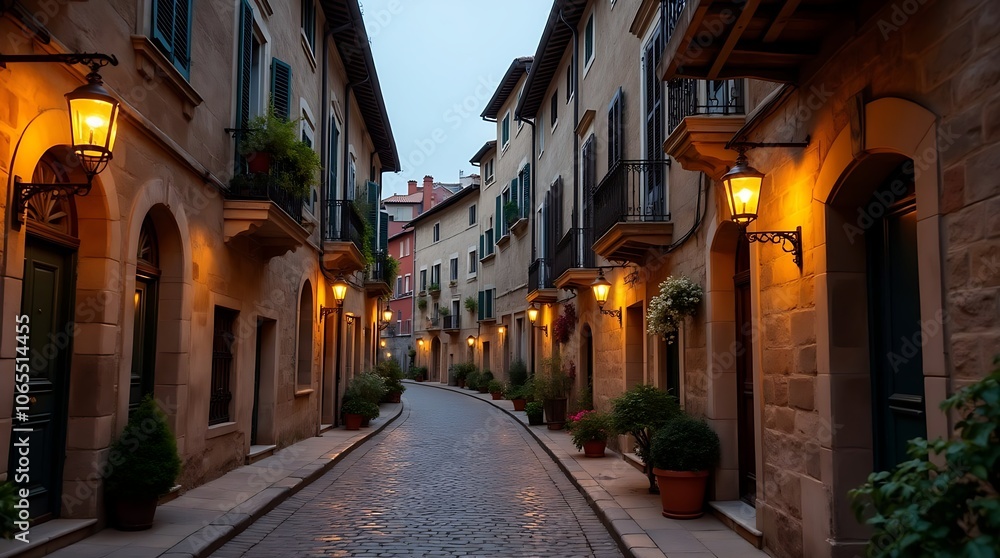 Obraz premium Cobblestone streets of a medieval town, with lanterns lighting up historic facades.
