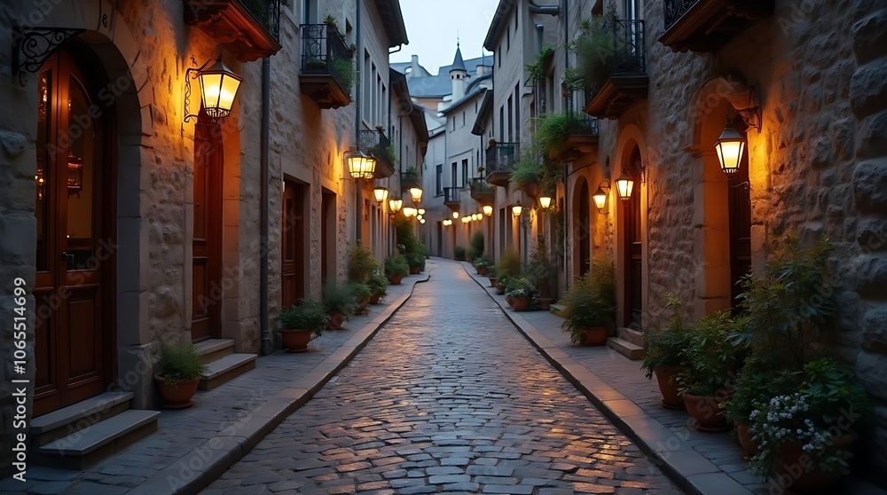 Fototapeta premium Cobblestone streets of a medieval town, with lanterns lighting up historic facades.