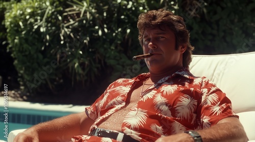 Man in a red Hawaiian shirt is smoking a cigar