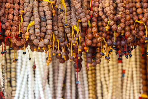 Beads of rudraksh on street market in Bodh Gaya, Bihar, India. photo