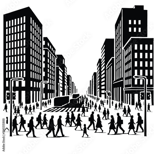 City Street Silhouette with People Walking