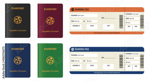 Passport and plane ticket vector illustration. Travel elements illustration. 