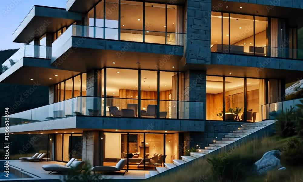 A multi-story building with modern glass architecture and floor-to ...