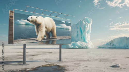 Hyper-realistic billboard showcasing icebergs and polar bear in desert photo