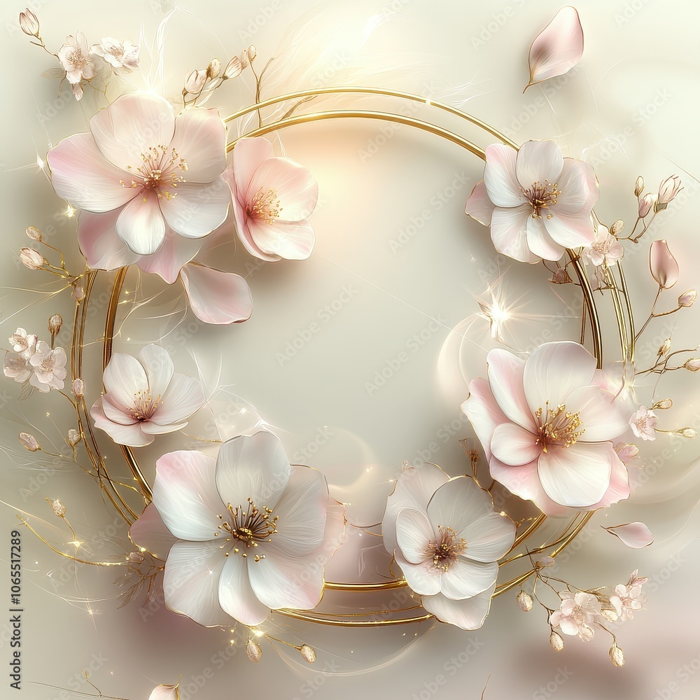 Obraz premium A luxurious, floral-themed digital design with soft pink and white flowers surrounding a round, golden frame. 
