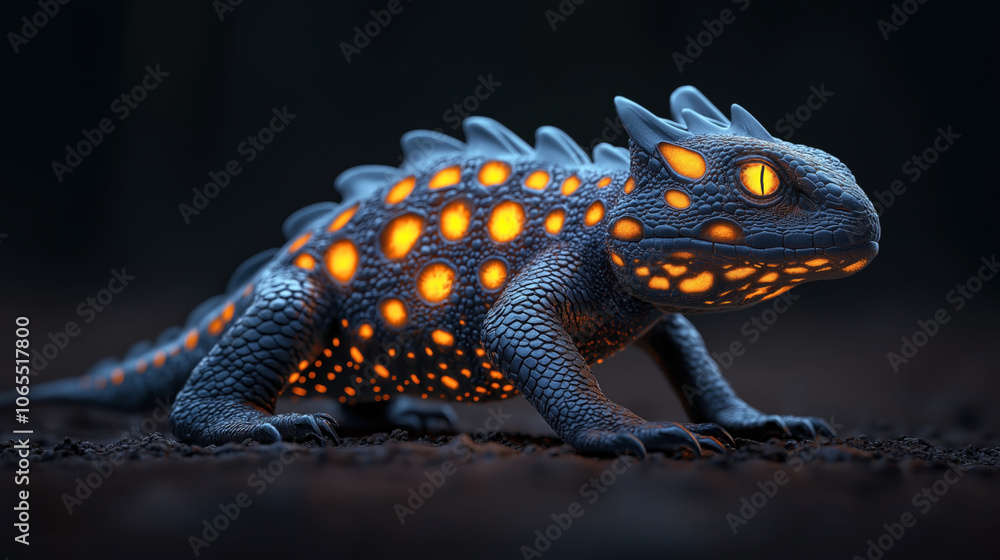 Obraz premium Fantasy reptile with glowing orange spots and spiked back in a detailed close-up view on a dark background