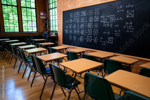 Classroom with a chalkboard showing the steps to factorize a trinomial, capturing the teaching environment for algebra concepts