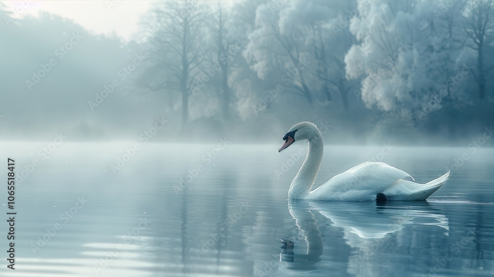 Fototapeta premium A white swan floats quietly on the lake, surrounded by thick fog.