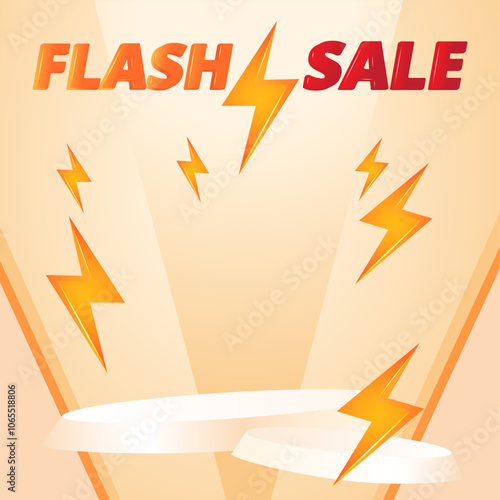 Flash sale banner with thunderclap sparkling neon lights. Flash sale pedestal for show product—podium product shopping day.