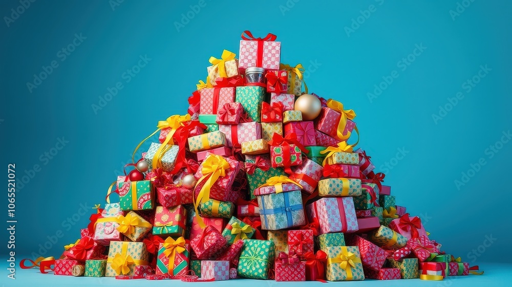 Naklejka premium A Mountain of Wrapped Presents with Bright Red, Yellow and Green Ribbons, Against a Vibrant Blue Background
