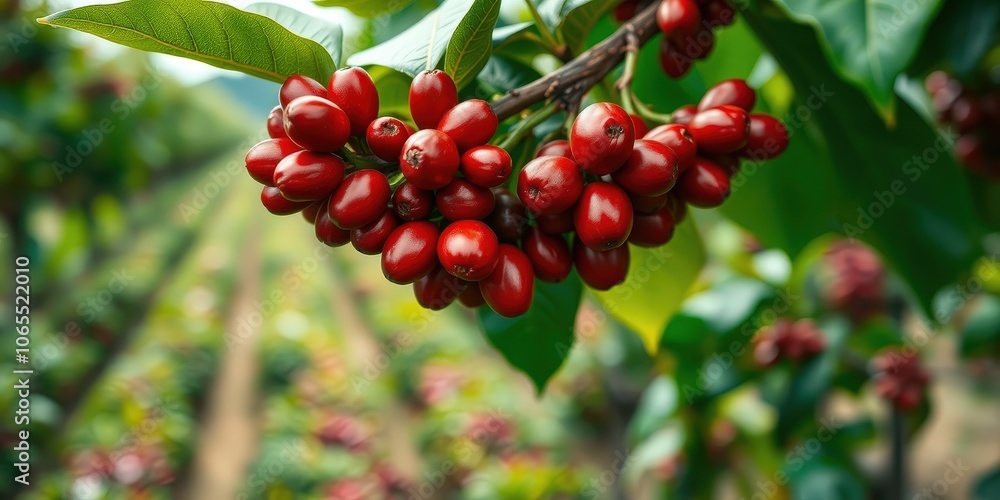 Obraz premium A cluster of vibrant red coffee berries hangs from a branch, showcasing the rich harvest of a flourishing plantation.