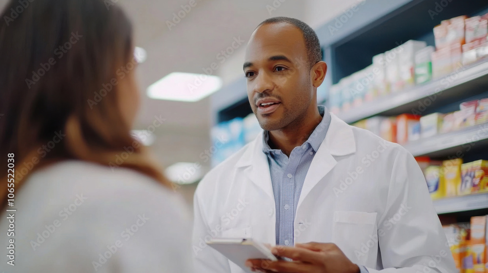 Obraz premium African American Man Pharmacist Assisting Customer in Modern Pharmacy Setting. Generative ai