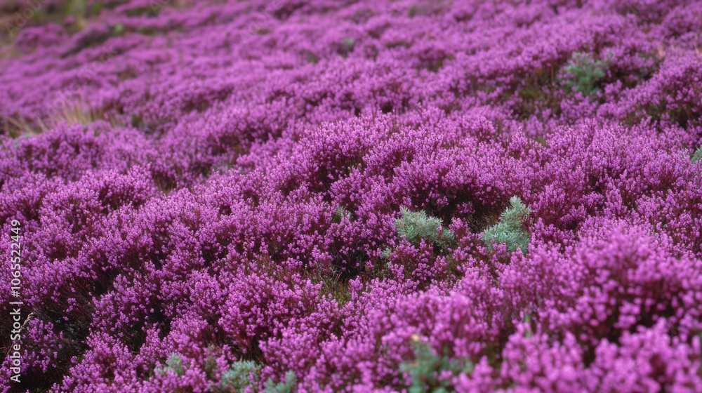 Obraz premium Heathland with Colorful Heather Plants Covering the Ground Like a Purple-Pink Carpet