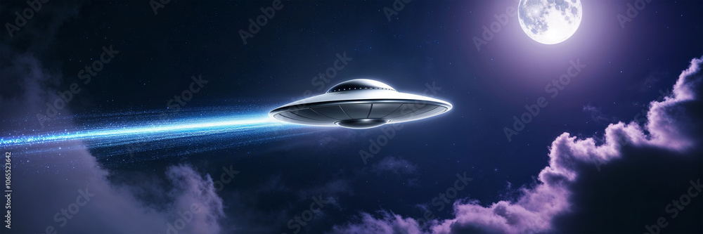 Obraz premium Alien Ufo Space Ship Zooming Across the Sky, Trail Behind, Dark Blue Night Evening, Clouds & Skyline, Science Fiction Illustration