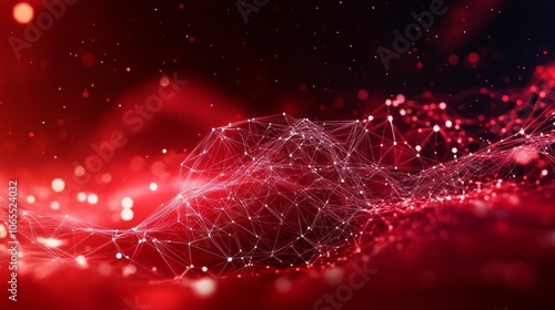 Abstract red tech background with digital waves, dynamic network system, artificial neural connections, cyber quantum computing and electronic global intelligence