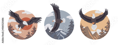 Vector set of icons with flying bald eagles on the background of forests and mountains