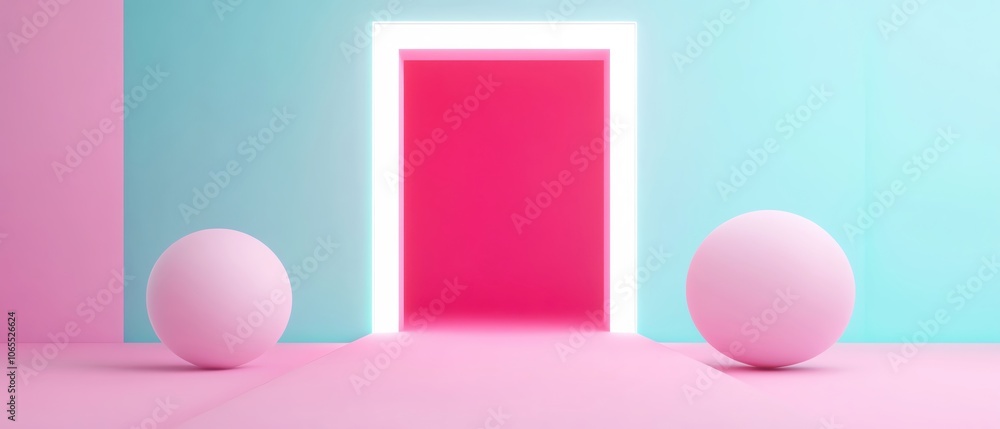 Colorful geometric shapes leading to a vibrant pink door, modern and artistic design. Colorful geometric shapes leading to a vibrant pink door, modern and artistic design.