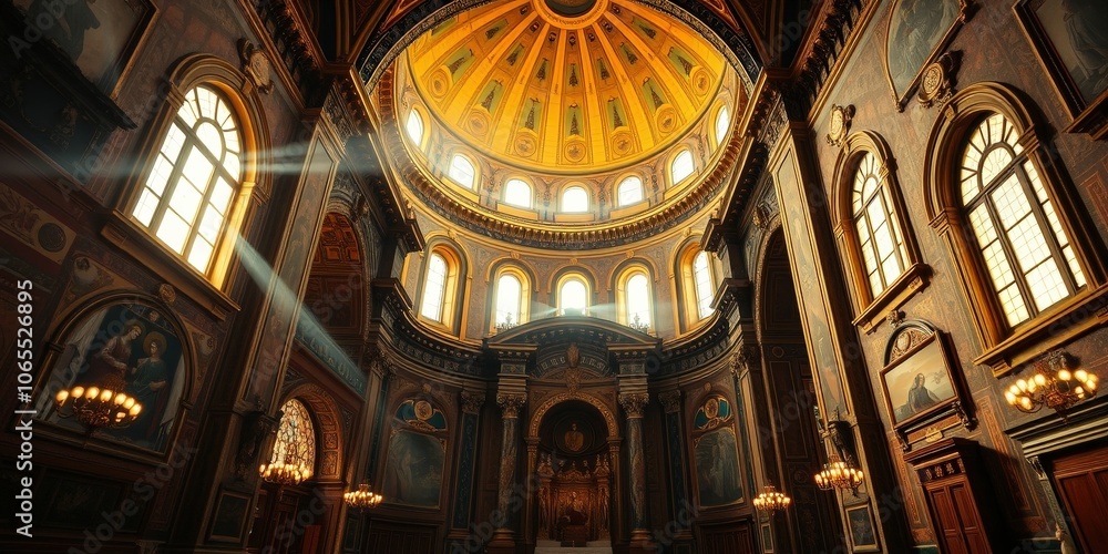Obraz premium Sunbeams illuminate the ornate interior of a grand cathedral, casting a golden glow on the vaulted ceiling and intricate details.