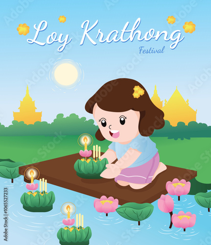 Loy Krathong Festival of Thailand A girl sits holding a krathong and prepares to float it in the river.