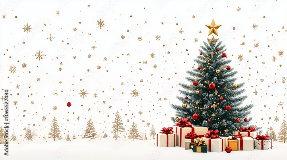 Obraz premium A beautiful Christmas tree decorated with red and gold balls, with gifts at the bottom. Against the background of golden snowflakes. Minimalistic and incendiary design, New Year's design. copy space