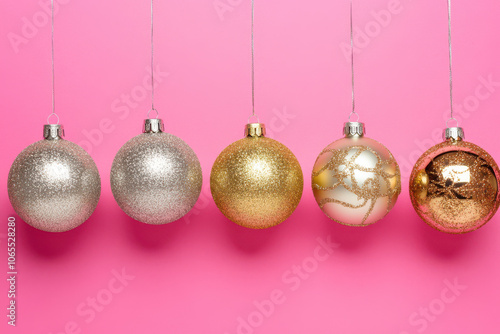 Shiny silver and gold Christmas balls hang against pink background, creating festive and cheerful atmosphere. Perfect for holiday decorations and celebrations