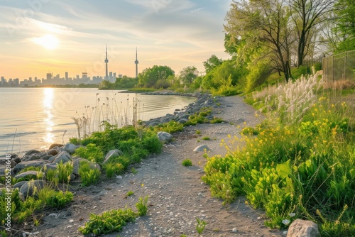 Wallpaper Mural Rocky beach with dense vegetation and distant urban skyline in haze Torontodigital.ca