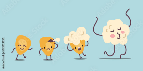 Popcorn Day vector background. Cute funny kawaii pop corn characters. Different face emotions. Sweet corn kernels. Vector icon set of cinema corn food. Cinematograph entertainment poster