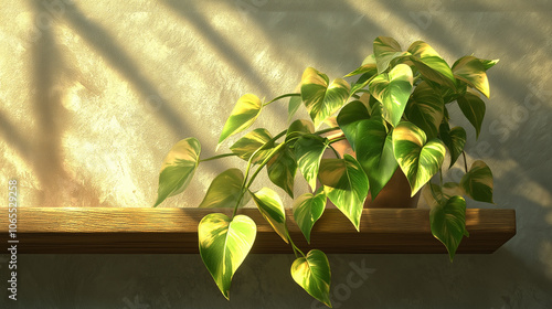 Vibrant pothos plant with long, trailing vines cascading over wooden shelf. Green and golden leaves add brightness to minimalist setup. Soft morning light filters through, casting gentle shadows 