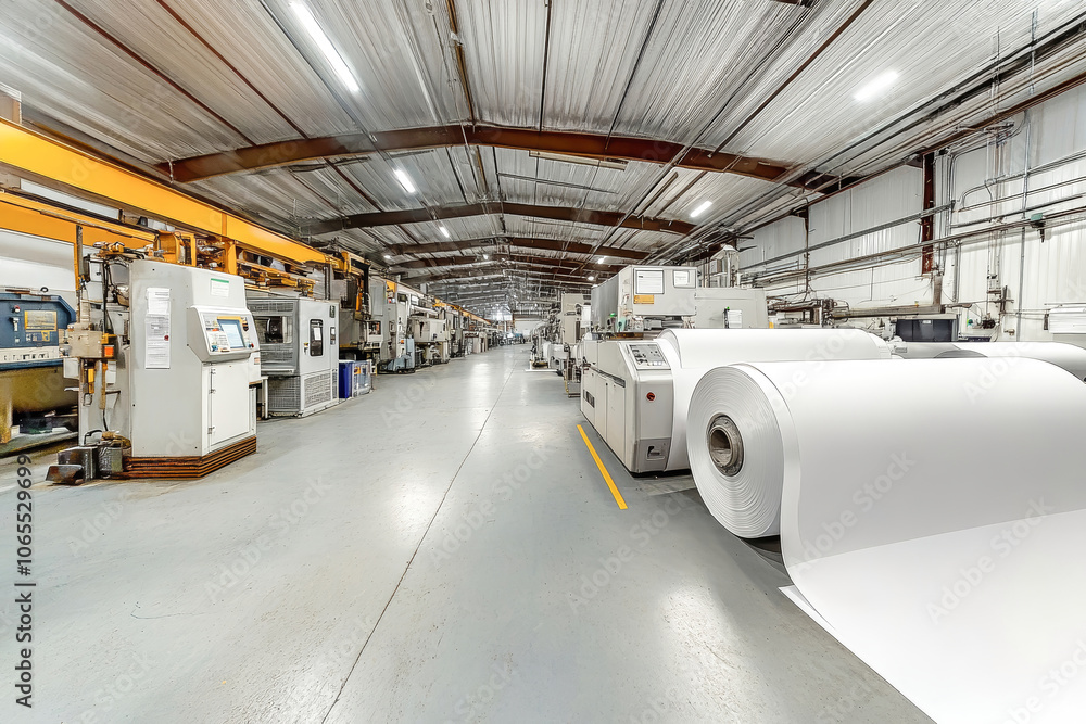 Obraz premium Brightly lit industrial printing house showcasing large rolls of white paper and advanced machines on a conveyor belt