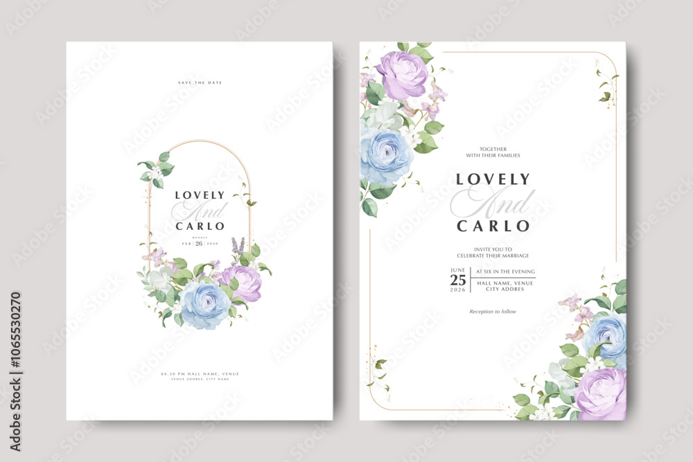 Fototapeta premium wedding invitation card set ranunculus and hydrangea flower with golden line