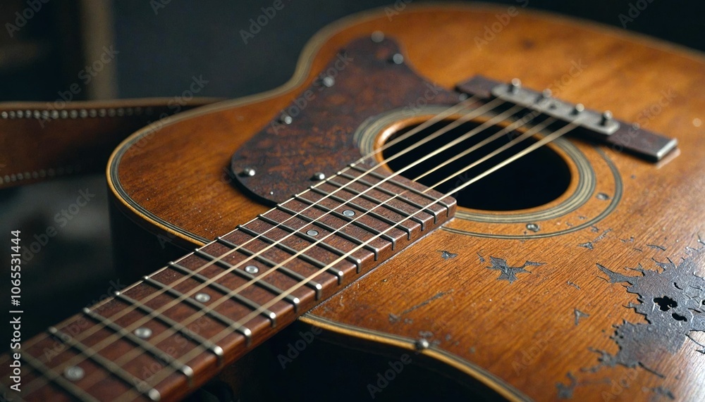 Obraz premium Worn Old Guitar with Leather Strap