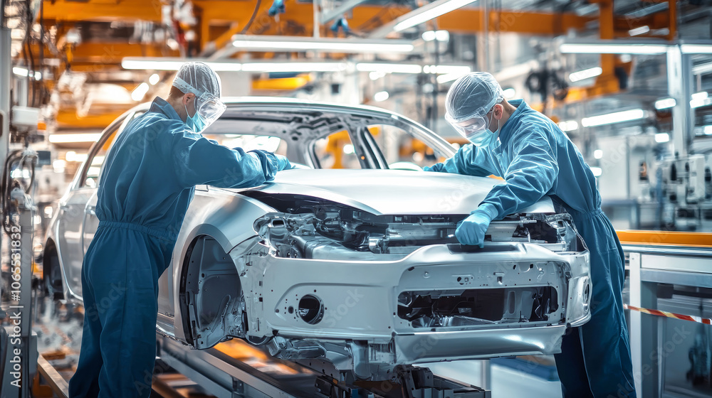 Workers in protective gear apply paint to a car body on the production line in a modern factory with a sleek industrial design Workers in protective gear apply paint to a car body on the production line in a modern factory with a sleek industrial design