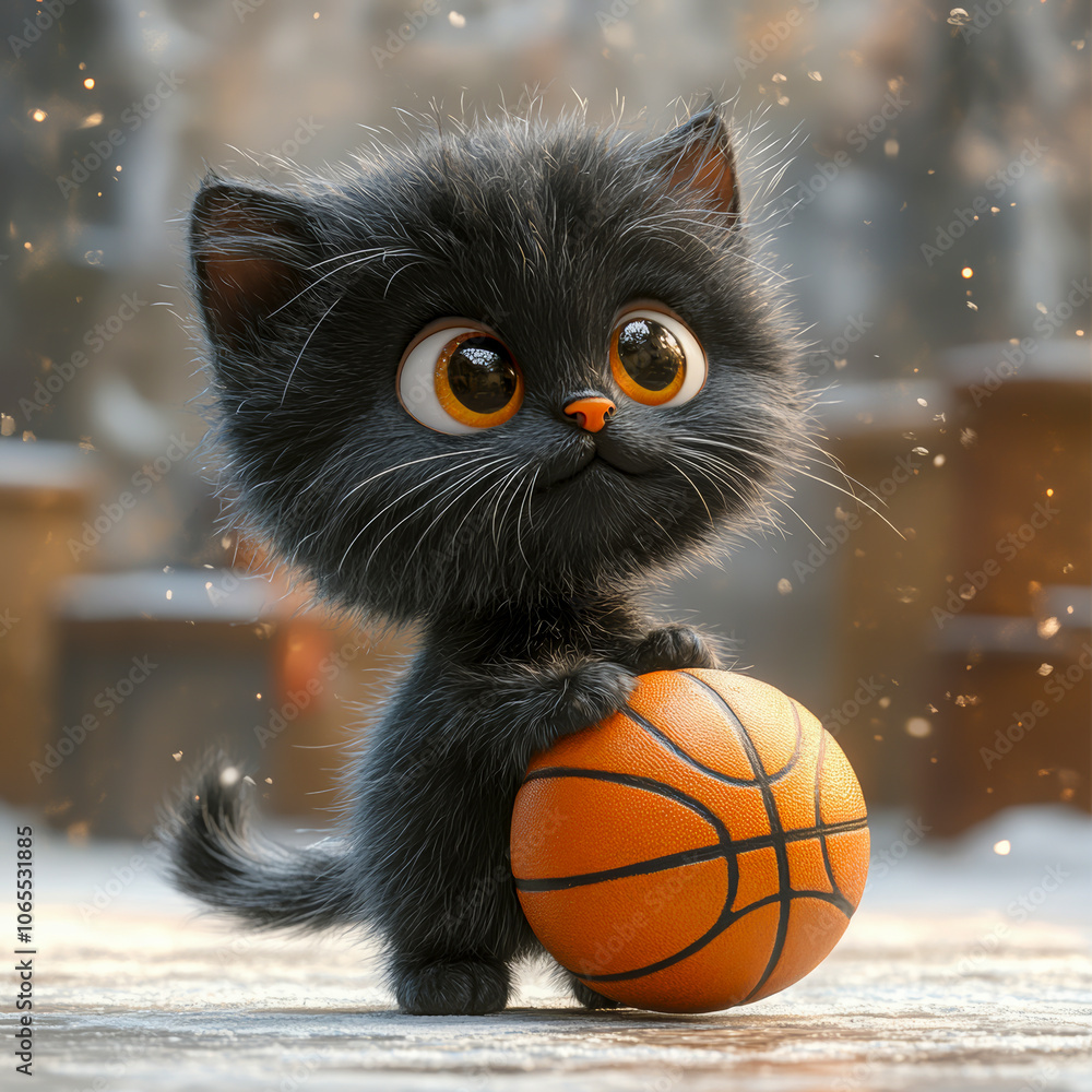 Adorable illustration of a fluffy black kitten with big eyes holding a basketball, set in a warm, playful atmosphere with a hint of sparkle Adorable illustration of a fluffy black kitten with big eyes holding a basketball, set in a warm, playful atmosphere with a hint of sparkle